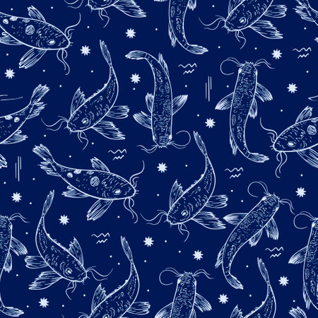 Magic pattern. Space fish. Seamless texture. The signs are magical. For your design.のイラスト素材