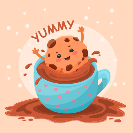 A cookie bathes in a mug of cocoa. Cute character in cartoon style. Vector illustration for printing on postcards and for your design.のイラスト素材