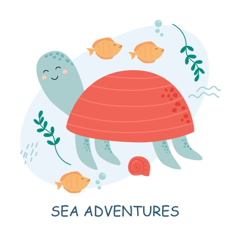 vector illustrations with letterings and sea animals. Cute baby illustrations with phrases for poster, greeting card, banner and flyer. Sea inhabitants and water plants.のイラスト素材