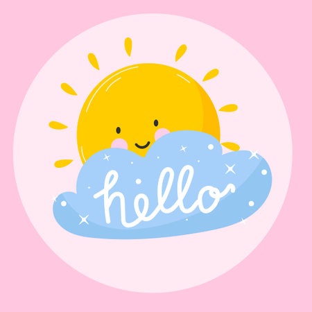 Cute character sunshine. Postcard with a motivational inscription. Square. Shine. Sky. Pink background. Baby cute vector illustration.のイラスト素材