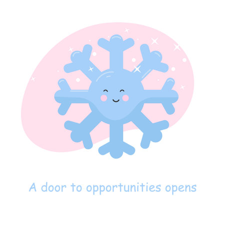 Cute snowflake character. Postcard with a motivational inscription. Square. Shine. Sky. Pink background. Baby cute vector illustration.のイラスト素材