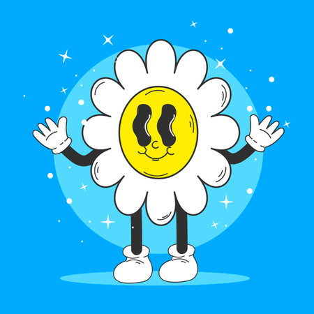 Funny cartoon character daisy. Retro cartoon. Can be used as a poster, sticker. Vintage style. Emotions.のイラスト素材