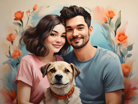 Illustration of a happy young family. Girl, man and dog. watercolor style.の素材