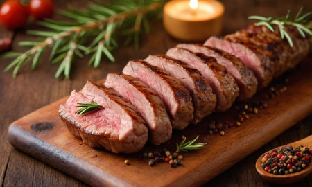 Shish kebab. Medium rare roast meat on a wooden table.の素材