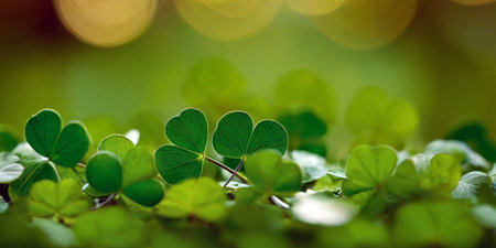 Clover Shamrocks, golden coins and bokeh. Festive image for St. Patrick's day. Generative AI.の素材