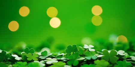 Clover Shamrocks, golden coins and bokeh. Festive image for St. Patrick's day. Generative AI.の素材