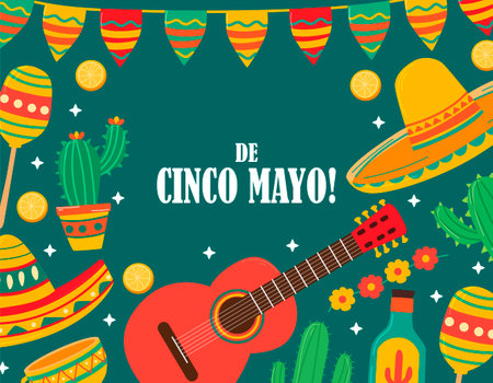 Cinco de mayo set, sombrero, guitar, cactusのイラスト素材