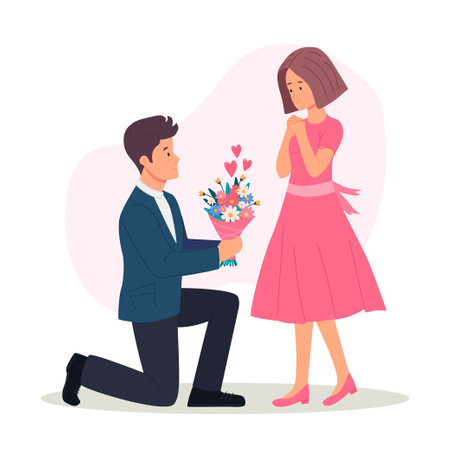 a young guy gives flowers to a girl. An offer of marriage.のイラスト素材