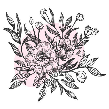 luxury flowers and logo. Trendy botanical elements. Hand drawn line leaves branches and blooming. Wedding elegant wildflowers for invitation save the date card. Vectorのイラスト素材