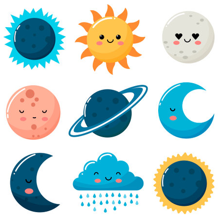 Set of solar system, sun, moon, planets. Baby illustration in flat styleのイラスト素材