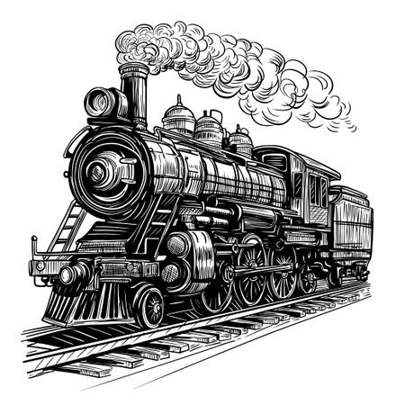 Vintage steam locomotive sketch. Railway transportのイラスト素材
