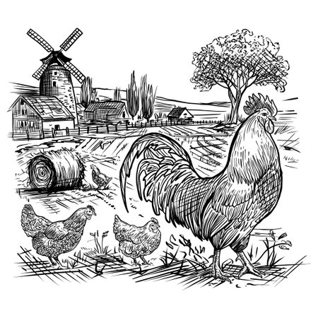 Sketch. Farm. Rooster. Hand drawing. Isolated on white backgroundのイラスト素材