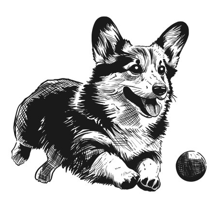 Sketch. Cute corgi dog runs after the ball. Hand drawing. Isolated on a white background.のイラスト素材