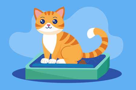 A cute red cat goes to the litter box. Animal filler concept.のイラスト素材