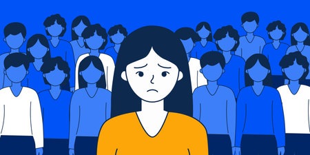Unhappy young woman feel lonely abandoned in crowd suffer from communication lackのイラスト素材