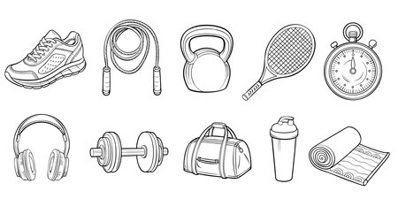 Sport gym sketch icon set. Hand drawn sketch doodle healthy sport, gym fit exercise equipment icon.のイラスト素材
