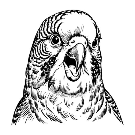 budgerigar chirping with open beak, front view, on a white backgroundのイラスト素材