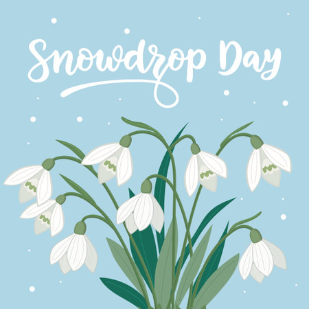 A blue background with a white flower arrangement with the words "Snowdrop Day"のイラスト素材