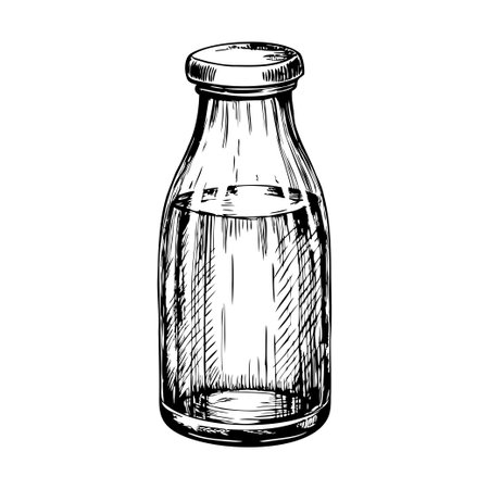 Vintage glass milk bottle drawn in engraving styleのイラスト素材