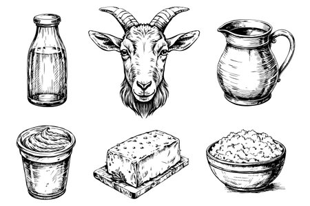 Set of hand drawn dairy products and farm animals in vintage styleのイラスト素材