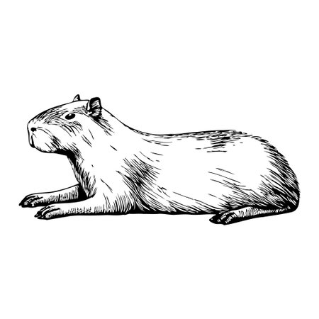 A detailed illustration of a capybara, a large rodent native to South America. The animal is depicted in a relaxed position, showcasing its distinctive features.のイラスト素材