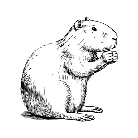 A detailed illustration of a standing capybara, with a round body and short limbs. The animal has a small head and is holding its front paws together.のイラスト素材