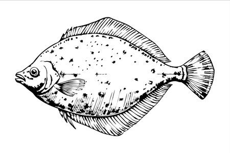 A detailed illustration of a flatfish, showcasing its unique shape and texture. The fish has a smooth body with spots and a rounded tail.のイラスト素材