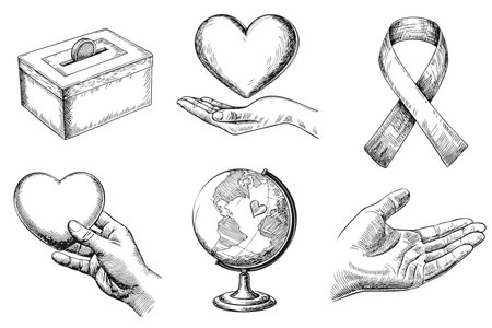 A collection of hand-drawn illustrations featuring a ballot box, heart, globe, awareness ribbon, and hands holding various symbols of care and support.のイラスト素材
