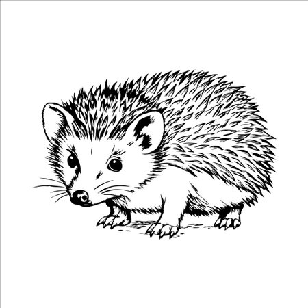 A detailed illustration of a hedgehog with spiky fur and a small face. The hedgehog is depicted in a natural pose, showcasing its distinctive features.のイラスト素材