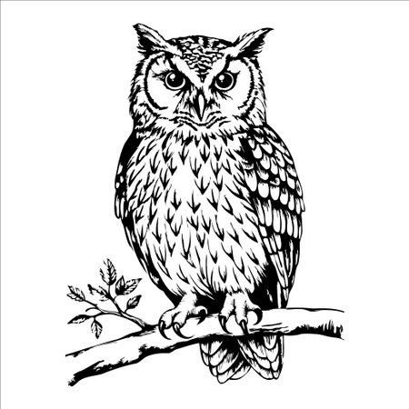 A detailed illustration of an owl perched on a branch. The owl has large eyes and intricate feather patterns, showcasing its majestic appearance.のイラスト素材