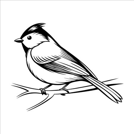 A detailed illustration of a small bird perched on a branch. The bird has a distinctive crest and is depicted in a monochrome style, showcasing its features clearly.のイラスト素材