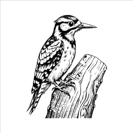 A detailed illustration of a woodpecker perched on a wooden stump. The bird has a distinctive black and white plumage with a hint of red on its head.のイラスト素材