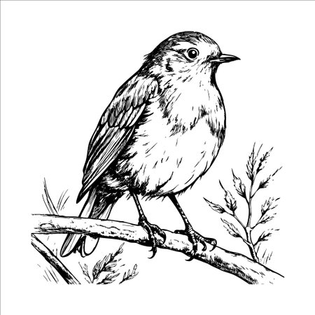 A detailed illustration of a small bird perched on a branch. The bird has a round body, short wings, and a delicate beak. Surrounding foliage adds to the natural setting.のイラスト素材