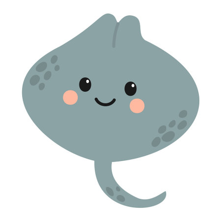 A cute, cartoon-style stingray with a smiling face. The stingray is gray with rounded edges and small fins, set against a simple white background.のイラスト素材