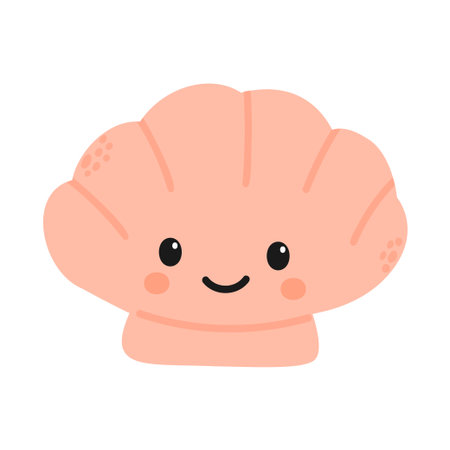 A cute, smiling pink shell with a cartoonish design. The shell has a rounded shape and small facial features, giving it a friendly appearance.のイラスト素材