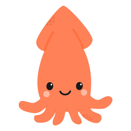 A cute cartoon squid with a smiling face. The squid is orange with rounded features and large eyes,...