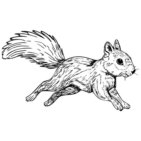 A sketch of a running squirrel with a bushy tail. The animal is depicted in motion, showcasing its agile body and expressive features.のイラスト素材