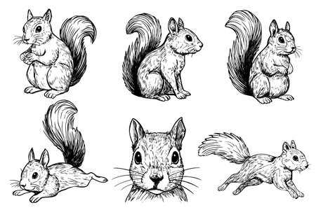 A collection of six hand-drawn illustrations of squirrels in various poses. The drawings showcase their distinct features and playful nature.のイラスト素材