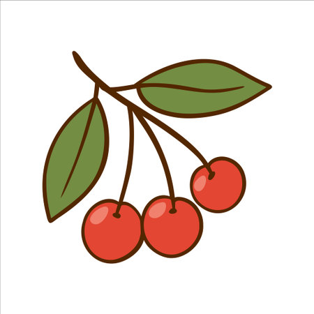 A branch with three red cherries and two green leaves. The cherries are round and glossy, showcasing their vibrant color against the simple background.のイラスト素材