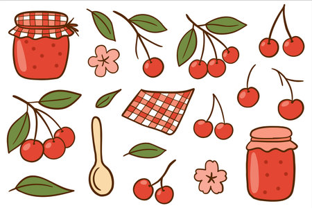 A collection of hand-drawn cherry illustrations, including jars of jam, cherries on branches, a spoon, and decorative flowers. Bright and colorful design elements.のイラスト素材