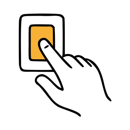 A hand pressing a button on a touchscreen device. The hand is Caucasian with a light skin tone. The button is orange and rectangular in shape.のイラスト素材