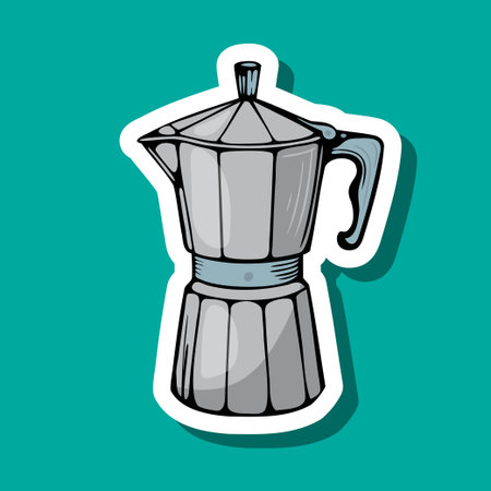 A classic stovetop espresso maker in a silver finish. The coffee pot features a traditional design with a handle and a lid. It stands against a teal background.のイラスト素材
