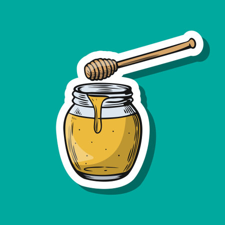 A jar of honey with a wooden dipper resting on top. The honey is golden and viscous, set against a bright turquoise background.のイラスト素材