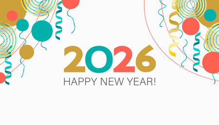 Colorful New Year 2026 celebration design with festive elements like confetti and streamers. Bright colors create a joyful atmosphere for the holiday.のイラスト素材