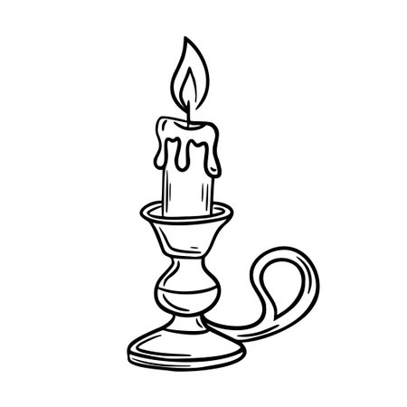 A simple line drawing of a candle in a holder. The candle has a flame and wax dripping down the sides. The holder features a handle for easy carrying.のイラスト素材