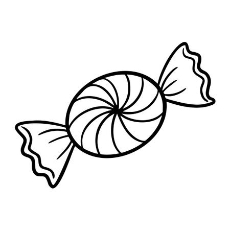 A simple illustration of a round candy with twisted ends. The candy has a spiral pattern and is depicted in black and white.のイラスト素材
