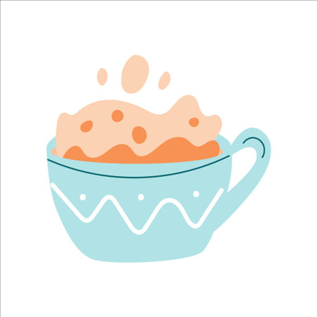 A light blue cup with a whimsical design holds a frothy, orange beverage. The drink appears creamy and is splashing slightly from the cup.のイラスト素材