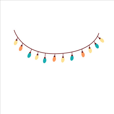 Colorful string lights hanging in a curved line. The lights are in various colors including yellow, orange, and blue. Suitable for festive decorations.のイラスト素材