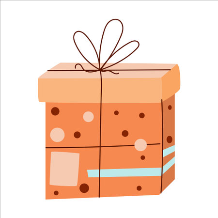 A simple, illustrated gift box with a light orange color, decorated with a brown ribbon and blue stripes. Ideal for celebrations and holidays.のイラスト素材