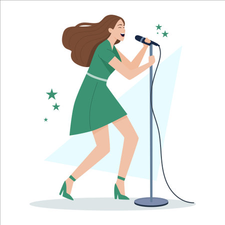 A young Caucasian woman with long brown hair sings into a microphone. She wears a green dress and high heels, with stars in the background.のイラスト素材